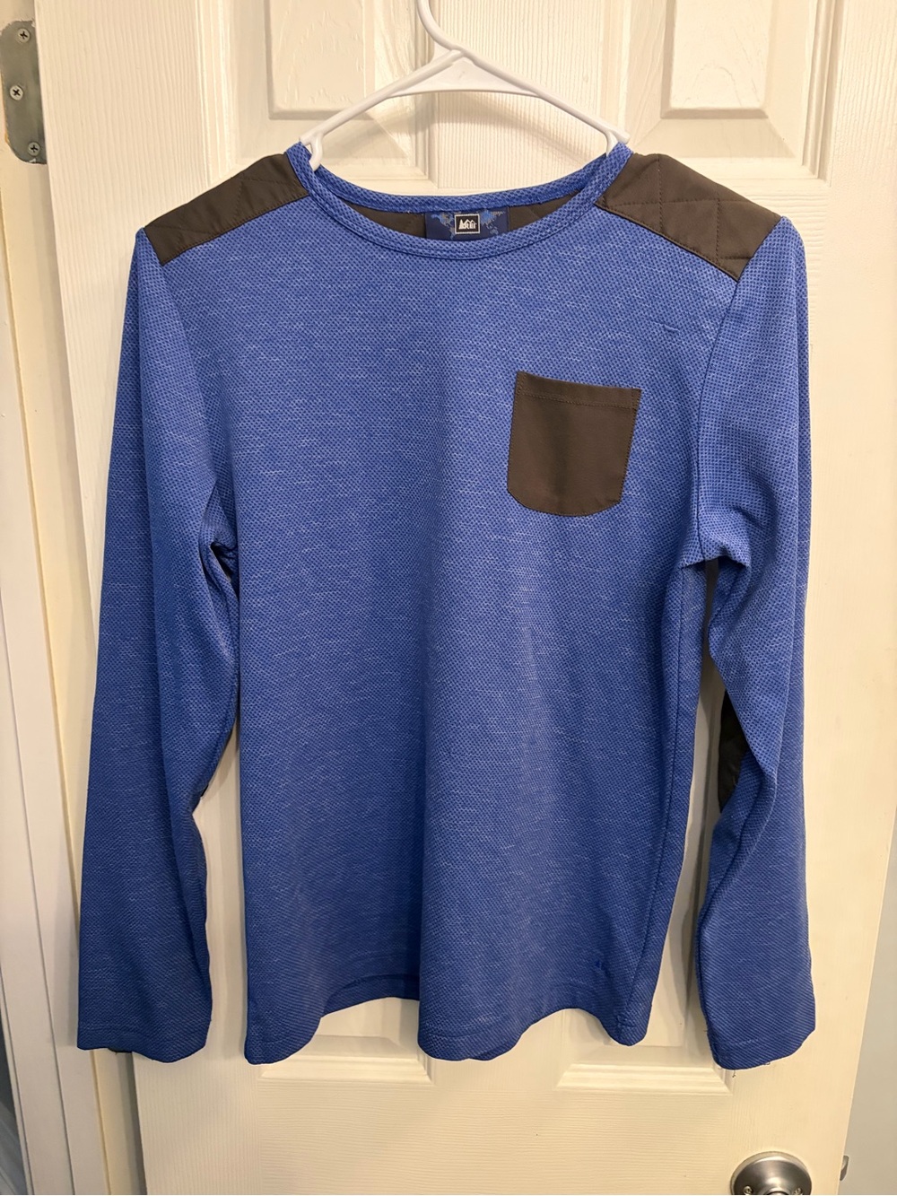 REI Royal Blue Long-Sleeve Tee with Gray Pocket & Shoulder Panels